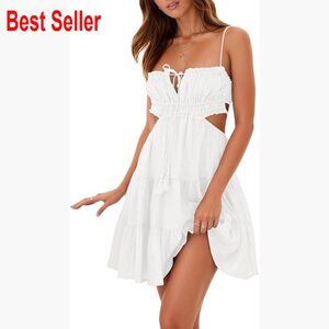 Polyester Summer Beach Mini Dress Adjustable Straps Backless Tiered Boho